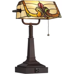 Robert Louis Tiffany Traditional Piano Banker Desk Table Lamp 17" High With AC Power Outlet Bronze Floral Art Glass Bedroom Office -Home Decoration Store GUEST 03ecdbab c402 4c36 b70f 3711b64ceb9f