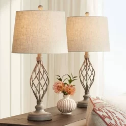 Franklin Iron Works Annie Modern Coastal Table Lamps 28" Tall Set Of 2 Weathered Sand Iron Cream Tapered Drum Shade For Bedroom Living Room Bedside