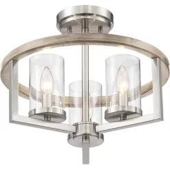 Possini Euro Design Senna Modern Industrial Ceiling Light Semi Flush Mount Fixture 15" Wide Brushed Nickel Gray Wood 3-Light Clear Glass For Bedroom -Home Decoration Store GUEST 08a6d6bd 0bbb 4c6e a704 3432667d795f