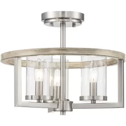 Possini Euro Design Senna Modern Industrial Ceiling Light Semi Flush Mount Fixture 15" Wide Brushed Nickel Gray Wood 3-Light Clear Glass For Bedroom -Home Decoration Store GUEST 08dd1794 0813 479b a383 aeb04b0df2ca