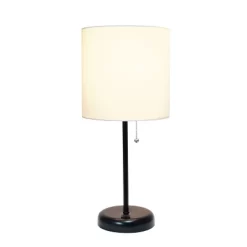 19.5" Bedside USB Port Feature Metal Table Desk Lamp Black With White Fabric Shade - Creekwood Home