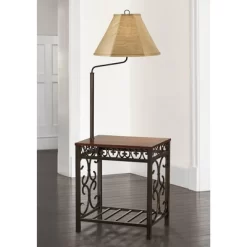 Regency Hill Travata Rustic Vintage Floor Lamp With End Table 54" Tall Bronze Scrollwork Swing Arm Burlap Fabric Empire Shade For Living Room Reading