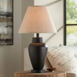 Regency Hill Auburn Rustic Farmhouse Table Lamp 25" High Bronze Hammered Natural Linen Empire Shade For Bedroom Living Room Bedside Nightstand Office