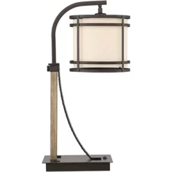 Franklin Iron Works Gentry Industrial Desk Lamp 22" High Oil Rubbed Bronze Faux Wood Cage With USB And AC Power Outlet In Base Oatmeal Shade For Desk -Home Decoration Store GUEST 19ef54f6 fb9e 4496 a088 ce71f4fcce3f