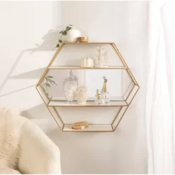28" X 24" Lintz Hexagon Wall Mirror Shelves White/Gold - Kate & Laurel All Things Decor -Home Decoration Store GUEST 21da57e3 bce5 4e90 8bc4 c3f9ffc851dc