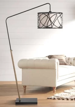 Franklin Iron Works Bramble Modern Industrial 71" Tall Arc Floor Lamp Matte Black Faux Wood Up Down Metal Cage Off-White Shade Living Room