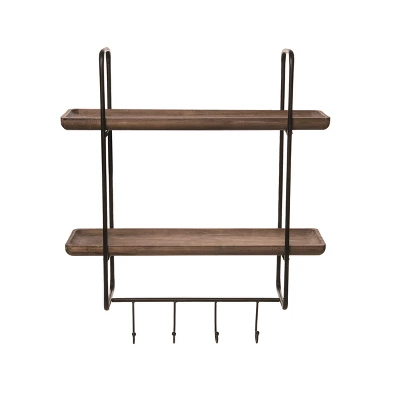 Transpac Metal 27.56 In. Brown Double Shelf With Hooks 1 Transpac Metal 27.56 In. Brown Double Shelf With Hooks