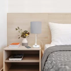 19.5" Bedside Power Outlet Base Metal Table Desk Lamp In White With Gray Fabric Shade - Creekwood Home -Home Decoration Store GUEST 323aceae 1637 430b b380 1dcb6147741e