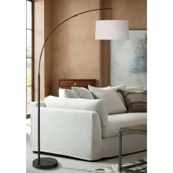 360 Lighting Cora Modern Arc Floor Lamp Standing 72" Tall Black Metal White Linen Drum Shade Decor For Living Room Reading Bedroom Office House Home