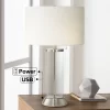 Possini Euro Design Fritz Modern Table Lamp 26 1/2" High Silver Clear Glass Column With USB And AC Power Outlet In Base Drum Shade For Bedroom Desk