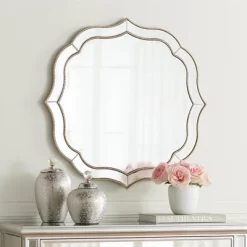 Noble Park Laureen Scalloped Round Vanity Wall Mirror Modern Beveled Glass Champagne Gold Beaded Frame 32" Wide For Bathroom Living Room Home Entryway