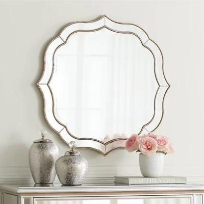 Noble Park Laureen Scalloped Round Vanity Wall Mirror Modern Beveled Glass Champagne Gold Beaded Frame 32" Wide For Bathroom Living Room Home Entryway 1 Noble Park Laureen Scalloped Round Vanity Wall Mirror Modern Beveled Glass Champagne Gold Beaded Frame 32" Wide For Bathroom Living Room Home Entryway