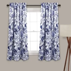 Home Boutique Cynthia Jacobean Light Filtering Window Curtain Panels Blue 52X63+2 Set