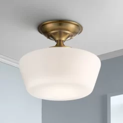Regency Hill Rustic Farmhouse Ceiling Light Semi Flush Mount Fixture 12" Wide Soft Gold Opal White Glass For Bedroom Kitchen Living Room Hallway House