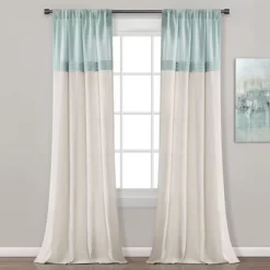 Home Boutique Farmhouse Faux Linen Colorblock Pleated Window Curtain Panels Blue/Off White 40x84 Set