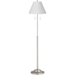 360 Lighting Abba Modern Floor Lamp Standing 66" Tall Brushed Steel Silver White Linen Empire Shade For Living Room Bedroom Office House Home Decor