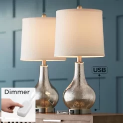360 Lighting Ledger Modern Accent Table Lamps 21 3/4" High Set Of 2 Mercury Glass With USB Charging Port Table Top Dimmers Off-White Shade For Desk