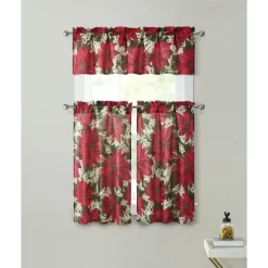Kate Aurora Holiday Classic Poinsettia Christmas 3 Pc Kitchen Curtain Tier & Valance Set - 57 In. W X 36 In. L