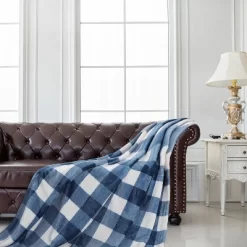 1 Pc Twin Microfiber Plaid Buffalo Checkered Long Shaggy Throw Blankets Blue And White - PiccoCasa