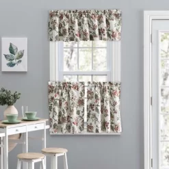 Ellis Curtain Madison Floral Design Printed Natural Ground 1.5" Rod Pocket Tailored Tier Brick