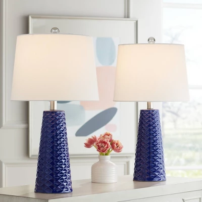 360 Lighting Ricky Modern Table Lamps 24" High Set Of 2 Deep Blue Triangle Textured Ceramic White Fabric Tapered Drum Shade For Bedroom Living Room 1 360 Lighting Ricky Modern Table Lamps 24" High Set Of 2 Deep Blue Triangle Textured Ceramic White Fabric Tapered Drum Shade For Bedroom Living Room