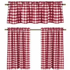 GoodGram Candy Apple Red & White Country Checkered Plaid Kitchen Tier Curtain Valance Set - 58 In. W X 36 In. L