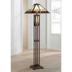 Robert Louis Tiffany Mission Rustic Floor Lamp 60 1/2" Tall Oiled Bronze With Nightlight Geometric Stained Art Glass Shade For Living Room Bedroom