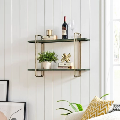 32.3" X 22" 2 Tier Metal And Wood Hanging Bracket Wall Mounted Shelf Gold - Danya B. 2 32.3" X 22" 2 Tier Metal And Wood Hanging Bracket Wall Mounted Shelf Gold - Danya B. - Image 2