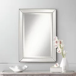 Uttermost Roseau Rectangular Vanity Wall Mirror Modern Beveled Silver Pewter Beaded Border Frame 24" Wide Bathroom Bedroom Living Room House Entryway