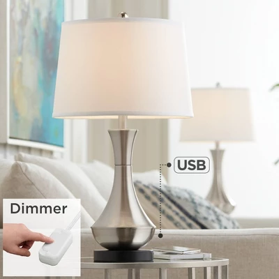 360 Lighting Simon Modern Table Lamps 25 1/2" High Set Of 2 Brushed Nickel With USB Charging Port And Table Top Dimmers White Fabric For Home Desk 1 360 Lighting Simon Modern Table Lamps 25 1/2" High Set Of 2 Brushed Nickel With USB Charging Port And Table Top Dimmers White Fabric For Home Desk