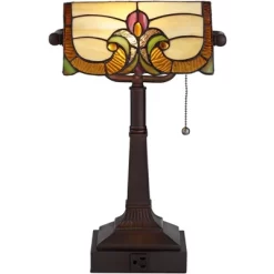 Robert Louis Tiffany Traditional Piano Banker Desk Table Lamp 17" High With AC Power Outlet Bronze Floral Art Glass Bedroom Office -Home Decoration Store GUEST 8778d4d3 e9e6 4801 bb88 81da07d8e1ad
