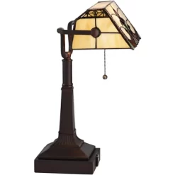 Robert Louis Tiffany Traditional Piano Banker Desk Table Lamp 17" High With AC Power Outlet Bronze Floral Art Glass Bedroom Office -Home Decoration Store GUEST 87f1a2d1 ce70 4d39 befb 727194d1e990