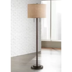 Possini Euro Design Garth Modern Floor Lamp Standing 63 1/2" Tall Oil Rubbed Bronze Burlap Fabric Drum Shade For Living Room Bedroom Office House Home