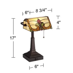 Robert Louis Tiffany Traditional Piano Banker Desk Table Lamp 17" High With AC Power Outlet Bronze Floral Art Glass Bedroom Office -Home Decoration Store GUEST 99b8f395 d028 4b52 98be e0a78881b3a5