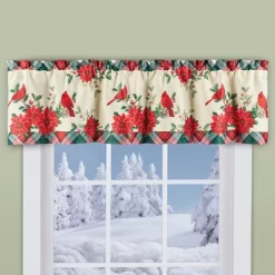 Collections Etc Cardinal And Poinsettia Plaid Border Window Valance