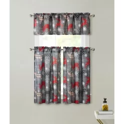 Kate Aurora Complete Plaid Christmas Reindeers Snowflakes 3 Pc Kitchen Curtain Tier And Valance Set - 56 In. W X 36 In. L