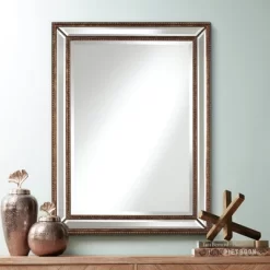 Uttermost Palais Round Vanity Decorative Wall Mirror Vintage Rustic Beveled Mottled Bronze Beaded Frame 30" Wide For Bathroom Bedroom Living Room Home