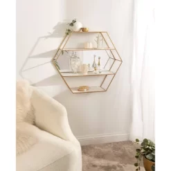 28" X 24" Lintz Hexagon Wall Mirror Shelves White/Gold - Kate & Laurel All Things Decor -Home Decoration Store GUEST c0609495 a439 4cfb b477 11b84b2c4b55