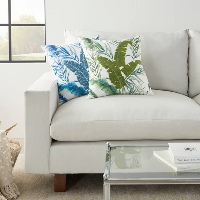 18"x18" Life Styles Towel Embroidered Palm Leave Square Throw Pillow Green - Mina Victory 1 18"x18" Life Styles Towel Embroidered Palm Leave Square Throw Pillow Green - Mina Victory