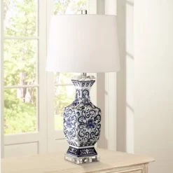 Barnes And Ivy Table Lamps 28" Tall Set Of 2 Porcelain Blue Floral Jar Geneva White Drum Shade For Living Room Family Bedroom Bedside -Home Decoration Store GUEST ce1c5ab9 2842 4352 8fa7 ab6e9eb04d85