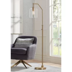 Possini Euro Design Kipling Modern 62 1/2" Tall Downbridge Arc Floor Lamp Warm Gold Metal Clear Glass Shade For Living Room Reading House