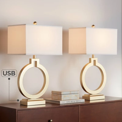 360 Lighting Modern Table Lamps 28 1/2" Tall Set Of 2 With USB Charging Port Brushed Gold Open Ring White Shade For Bedroom Living Room House Bedside 1 360 Lighting Modern Table Lamps 28 1/2" Tall Set Of 2 With USB Charging Port Brushed Gold Open Ring White Shade For Bedroom Living Room House Bedside