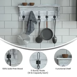 Emma And Oliver Rustic Country Wall Mounted Entryway Shelf With 5 Rustic Hooks And Wood Construction -Home Decoration Store GUEST dedcce16 f791 4623 95a4 5b0102b8d49d