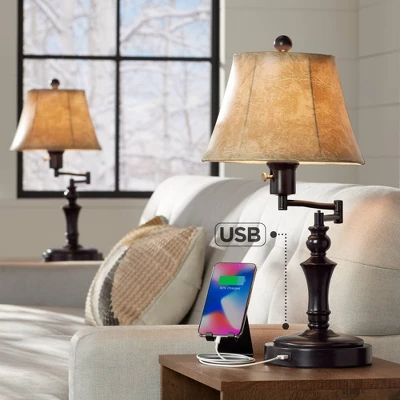 Regency Hill Traditional Swing Arm Desk Table Lamps 21.75" High Set Of 2 With USB Port Bronze Metal Faux Leather Shade For Living Room Bedroom 1 Regency Hill Traditional Swing Arm Desk Table Lamps 21.75" High Set Of 2 With USB Port Bronze Metal Faux Leather Shade For Living Room Bedroom