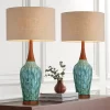 360 Lighting Rocco Modern Mid Century Table Lamps 30" Tall Set Of 2 Blue Teal Glaze Ceramic Linen Drum Shade For Bedroom Living Room Nightstand Home