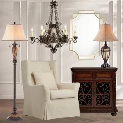 Kathy Ireland Sonnett Vintage Rustic Floor Lamp 63 1/2" Tall Bronze Metal Faux Marble Ivory Linen Bell Shade For Living Room Bedroom Office House Home -Home Decoration Store GUEST e31ccdbe 40c9 4b07 88e3 de45a1835912