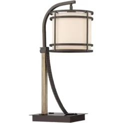 Franklin Iron Works Gentry Industrial Desk Lamp 22" High Oil Rubbed Bronze Faux Wood Cage With USB And AC Power Outlet In Base Oatmeal Shade For Desk -Home Decoration Store GUEST e3cef309 c454 45d6 a010 6a10c5bf9fcd