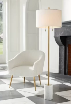 Possini Euro Design Luxe Italian Style Floor Lamp 64" Tall Gold Metal White Linen Drum Shade For Living Room Reading House Bedroom Office