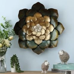 LuxenHome Green, Gold, And White Metal Flower Wall Decor