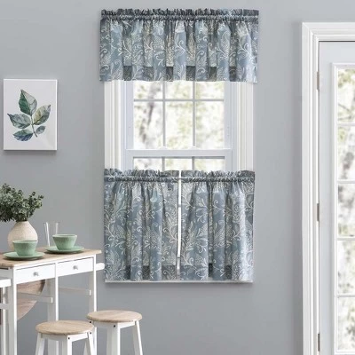 Ellis Curtain Lexington Leaf Pattern On Colored Ground Curtain Tiers Blue 1 Ellis Curtain Lexington Leaf Pattern On Colored Ground Curtain Tiers Blue
